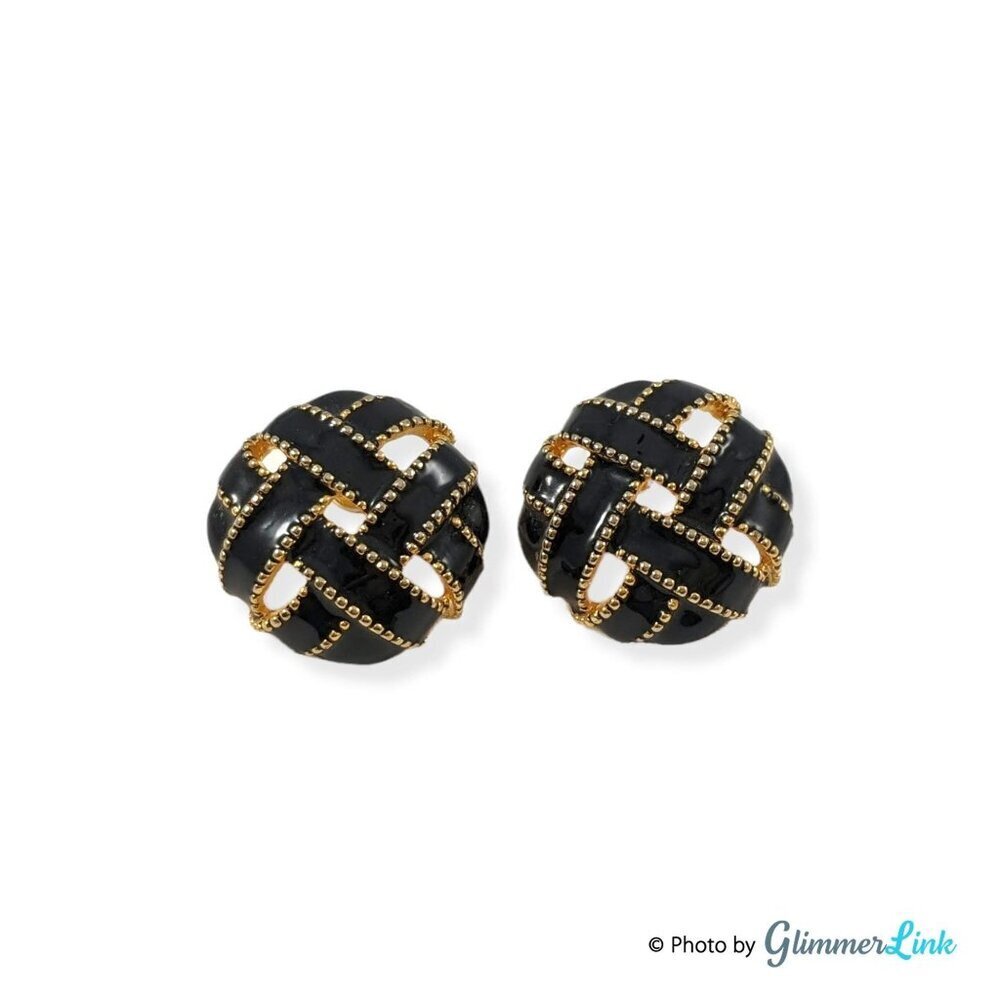 Vintage Black Enamel Gold Tone Woven Round Pierced Earrings
